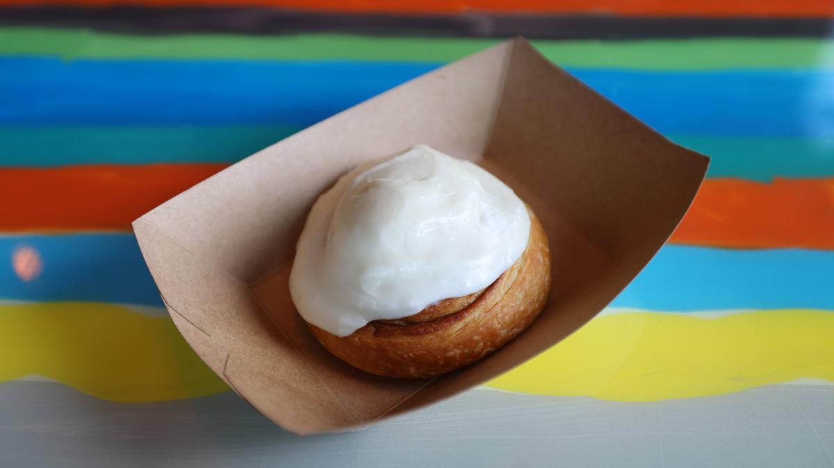 A cream cheese cinnamon roll from the new DV8 Kitchen on the corner of East Third and Midland.