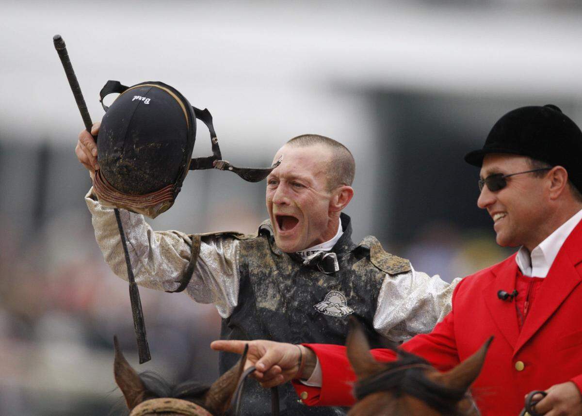 Calvin Borel, a three-time Kentucky Derby winning jockey, celebrates on the way to the winner’s circle onboard Mine That Bird at the 135th running of the Run for the Roses in 2009.