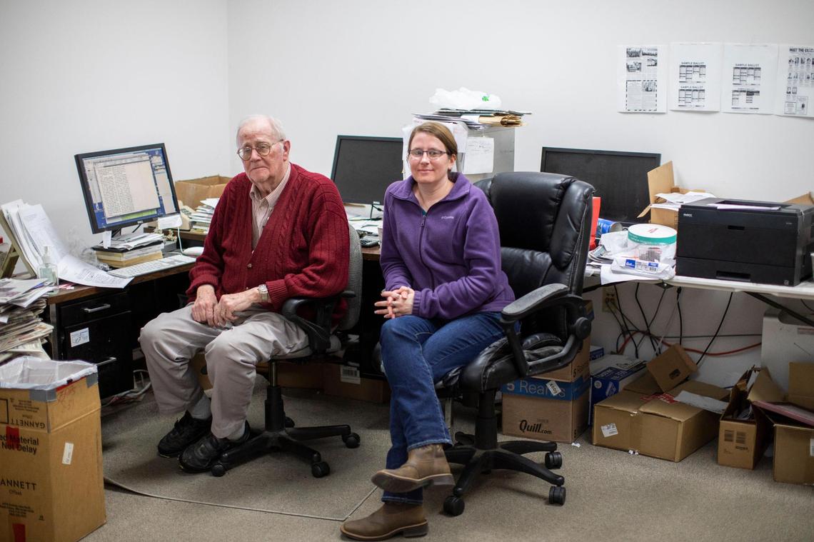 Earl Kinner, owner of the Licking Valley Courier, and Editor Miranda Cantrell in the publications office in West Liberty, Ky., Wednesday, December 15, 2021. Kinner was in the basement of his home when the tornado destroyed it while raging through the town. Cantrell lived a little outside of town and she worked with the paperÕs other staff to still put out a paper with the office destroyed.