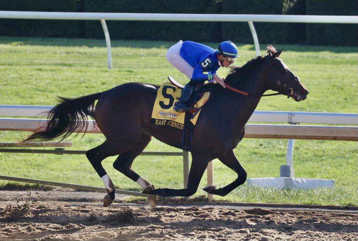 East Avenue, with Tyler Gaffalione up, wins the Grade 1, $600,000 Claiborne Breeders’ Futurity at Keeneland on Saturday.