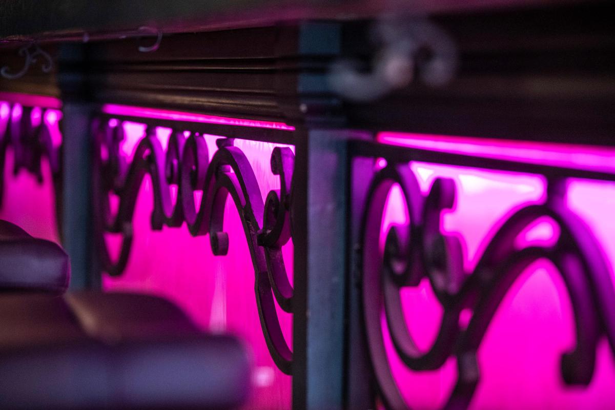 The downstairs bar at Stings Lounge lights up in different colors. The ceiling’s skylights will too.