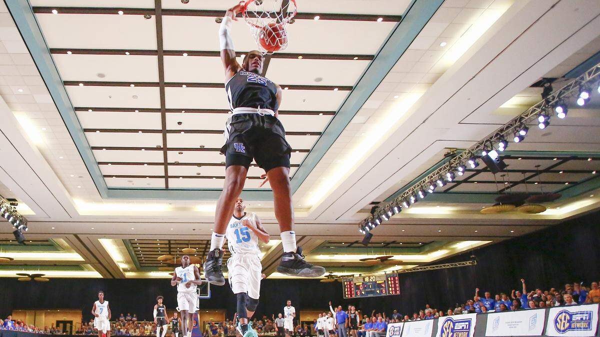 Kentucky sophomore PJ Washington soared for a dunk early in Wednesday night’s game against the Bahamas Select Team at the Atlantis Resort’s Imperial Arena in the Bahamas.