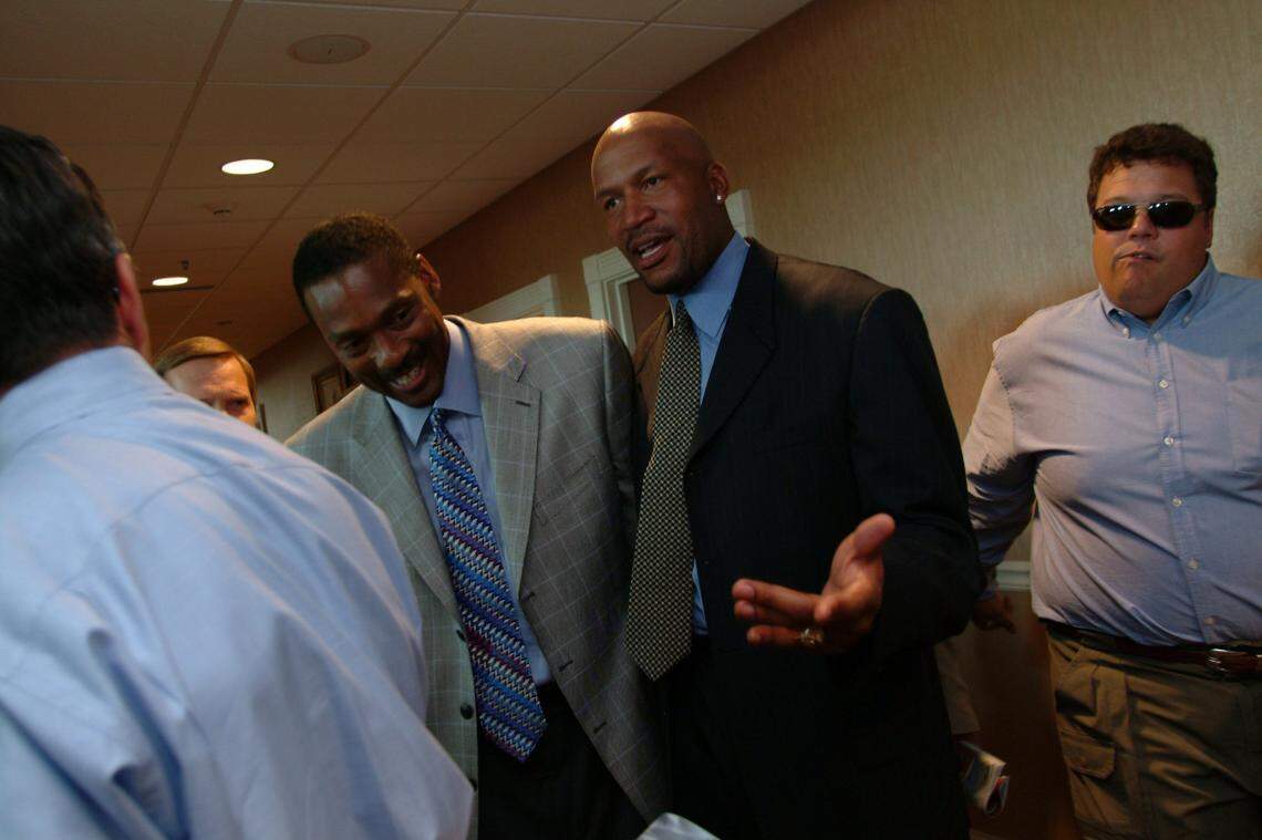 Junior Bridgeman (left) and Ron Harper outside Micheal Jordan’s suite in the Jockey Club at the 131st Kentucky Derby in Louisville, KY on Sat. May 7, 2005.