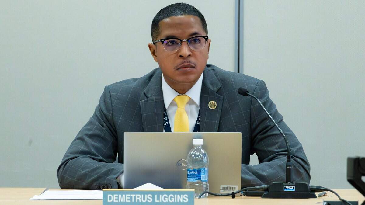 Superintendent Demetrus Liggins in the Fayette County Public Schools (FCPS) board meeting, discussing such topics as student engagement, school safety, and a rise in school meal plans on April 16, 2026, in Lexington, Ky.