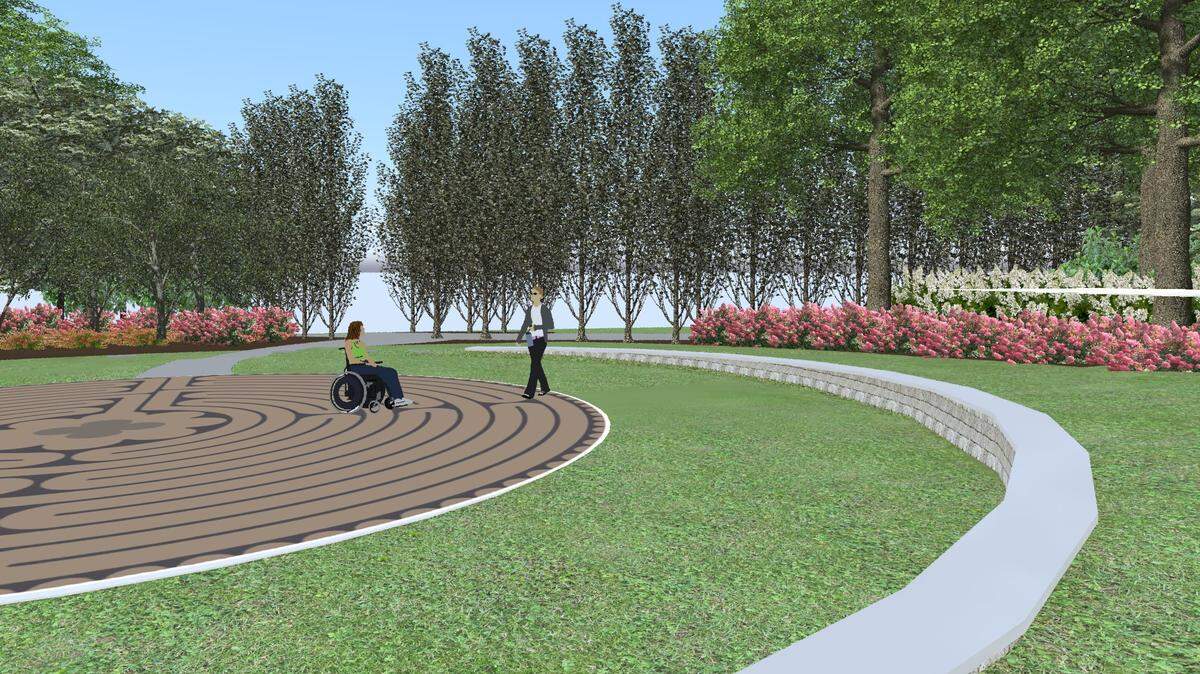 3D conceptual renderings show what the finished labyrinth in Wellington Park could look like. The designs include a labyrinth 42 feet in diamater as well as a retaining wall.