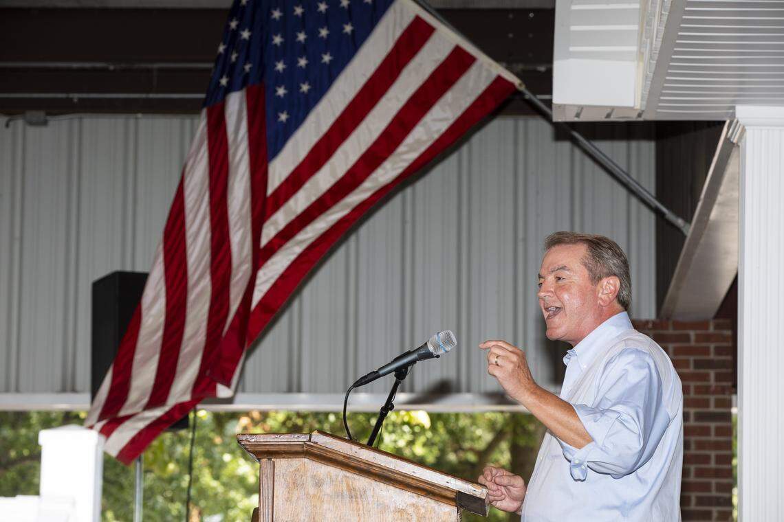 Kentucky Speaker of the House David Osborne serves as the MC for the 142nd annual St. Jerome’s Fancy Farm Picnic announcing speakers in Fancy Farm, Ky., Saturday, August 6, 2022.