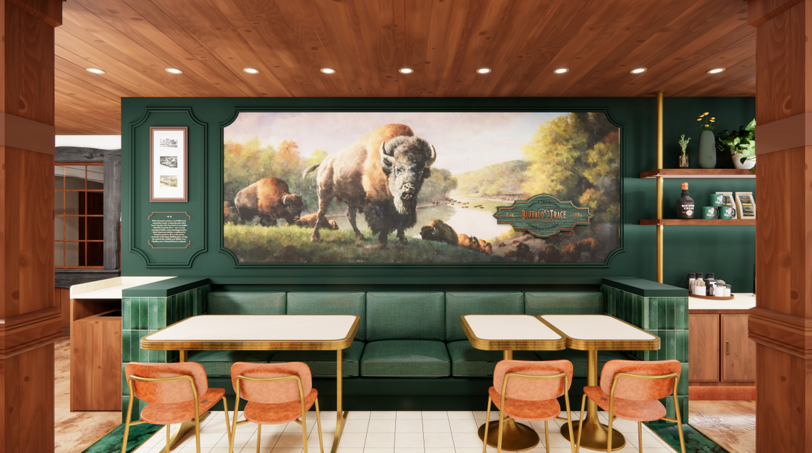 A rendering of the interior of the new John G. Carlisle Cafe, which is expected to open in the Spring of 2026 in the first floor of the historic Elmer T. Lee Clubhouse at Buffalo Trace Distillery in Frankfort.
