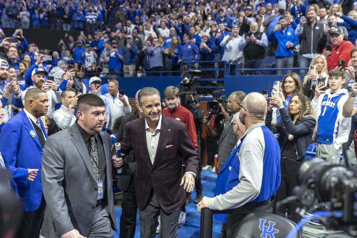 Arkansas Razorbacks head coach John Calipari walks on the court before a game against the Arkansas Razorbacks at Rupp Arena in Lexington, Ky., on Saturday, Feb. 1, 2025.