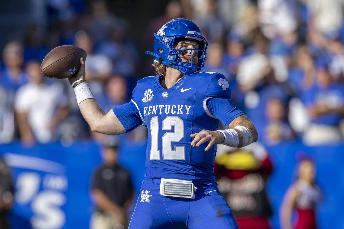 Kentucky quarterback Brock Vandagriff (12), who spent his first three college seasons as a backup at Georgia, will lead UK vs. the No. 1 Bulldogs on Saturday at Kroger Field.