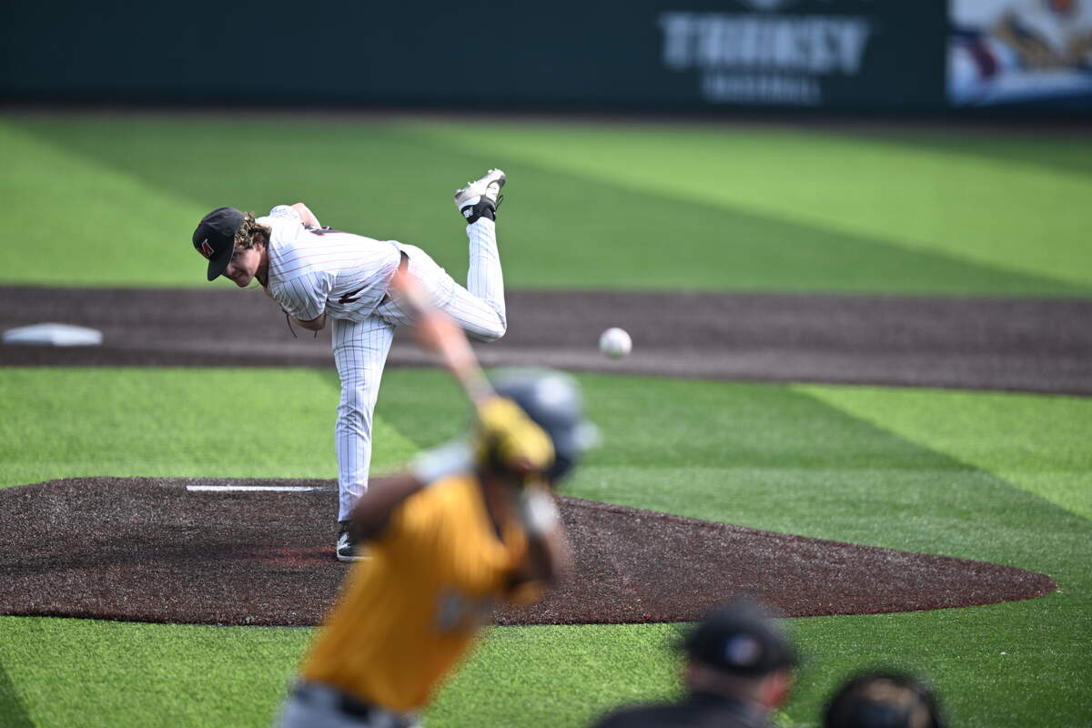 McCracken County’s Josh Penrod delivers a pitch against Sayre during the Mustangs’ 6-1 win at the Baseball State Tournament presented by UK HealthCare at Legends Field on Saturday. Photos available for purchase via Danny Vaughn Photography.