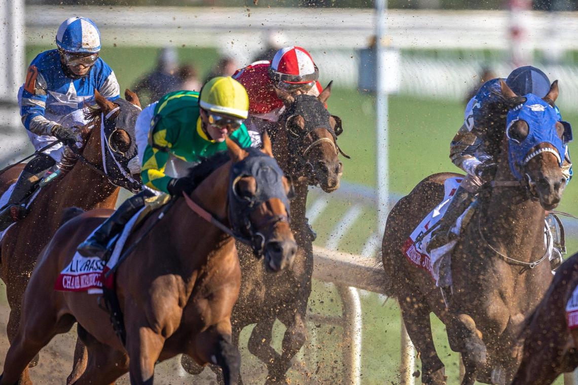 Burnham Square, with Brian Hernandez Jr. up, third from left, rallied from last to first to win Tuesday’s Blue Grass Stakes at Keeneland. With the win, Burnham Square secured 100 qualifying points toward the 151st Kentucky Derby.