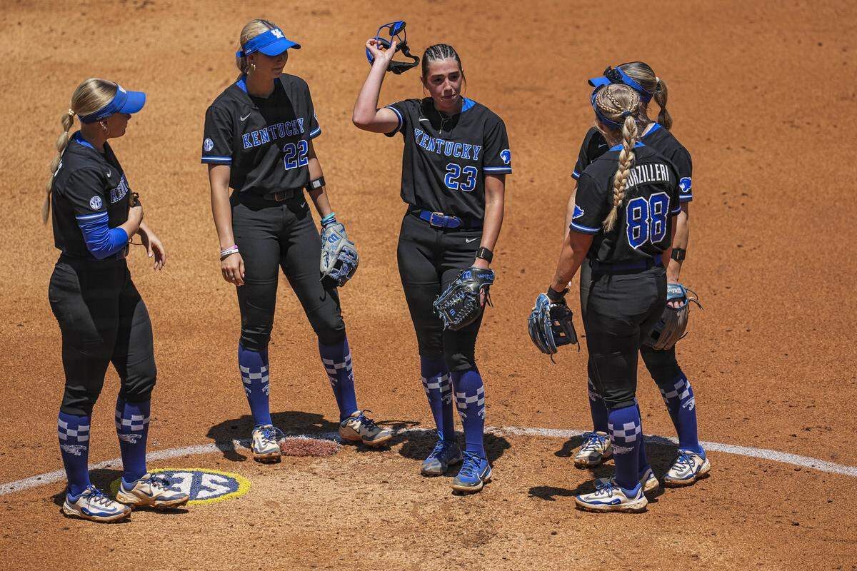 May 6, 2025; Athens, GA, USA; Kentucky starting pitcher Carson Fall (23) reacts to being removed from the game against Georgia at Jack Turner Softball Stadium. Mandatory Credit: Dale Zanine-Imagn Images