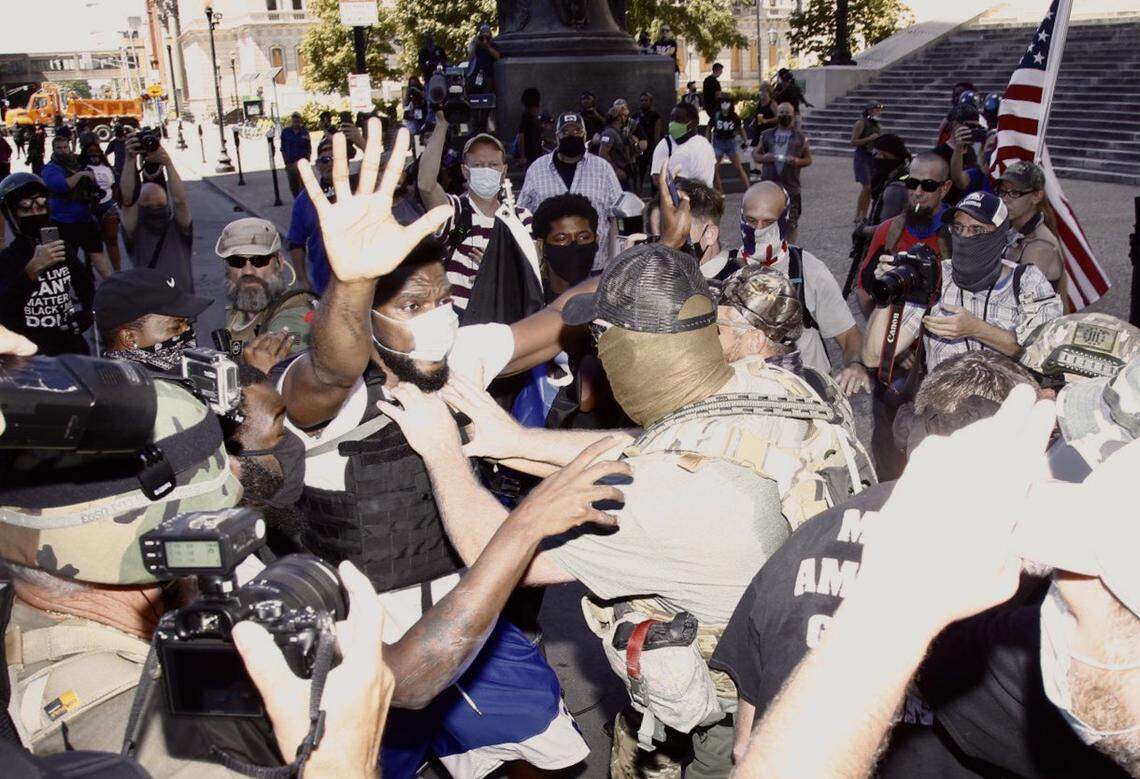 Various protest groups intersected Saturday at Jefferson Square Park in Louisville. After a scuffle they started to disperse then Louisville Police showed up.