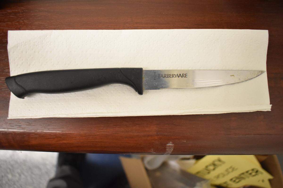 This knife was used by a suspect to stab an officer on Thursday, March 4, 2021, according to Georgetown police. The knife hit the officer’s “trauma plate,” keeping him from being injured.