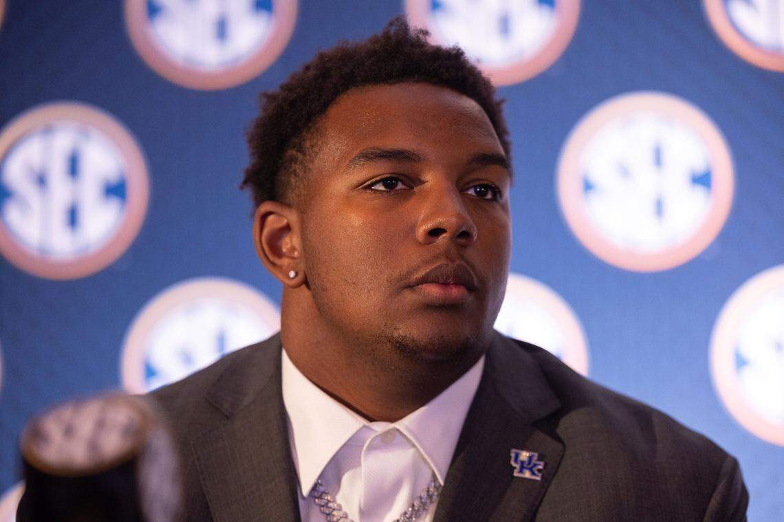 Jul 18, 2024; Dallas, TX, USA; Kentucky defensive lineman Deone Walker speaks to the media at Omni Dallas Hotel. Mandatory Credit: Brett Patzke-USA TODAY Sports