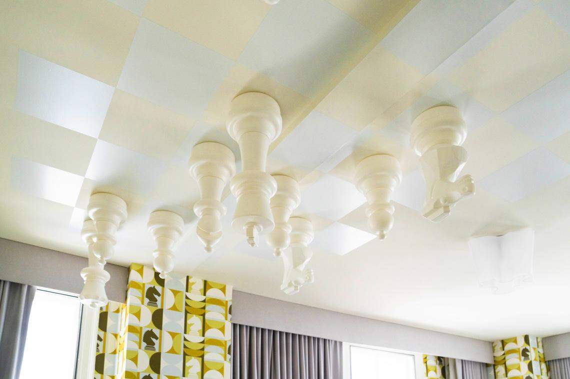 Chess pieces on the ceiling of the Harmon Room at the 21c Museum Hotel in Lexington.