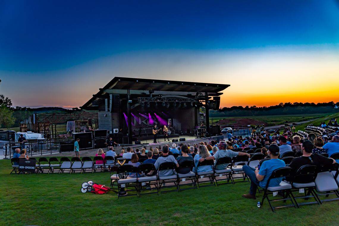 The Amp music venue at Dant Crossing at sunset. The 2,000-seat amphitheatre has been drawing top musical acts and crowds to Gethsemane, Ky.