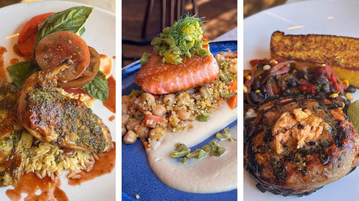 Dudley’s on Short has three new menu items for the summer. From left, Pesto Rubbed Half-Chicken (herb orzo salad, local tomato, fresh mozzarella, basil, strawberry-balsamic reduction), Ora King Salmon (citrus-fennel soubise, millet and chickpea salad, castelvetrano olive tapenade_ and a Pork Chop (jalapeño cornbread, corn and black bean summer succotash, avocado mousse, chipotle-honey butter).