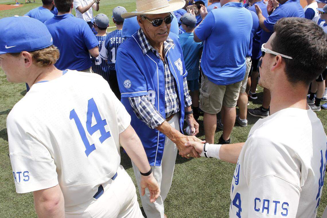 Former University of Kentucky men's basketball star and athletics director Cliff Hagan shook hands with Ryan Shinn and other members of the UK baseball team Sunday before the final regular-season game ever played at Cliff Hagan Stadium.