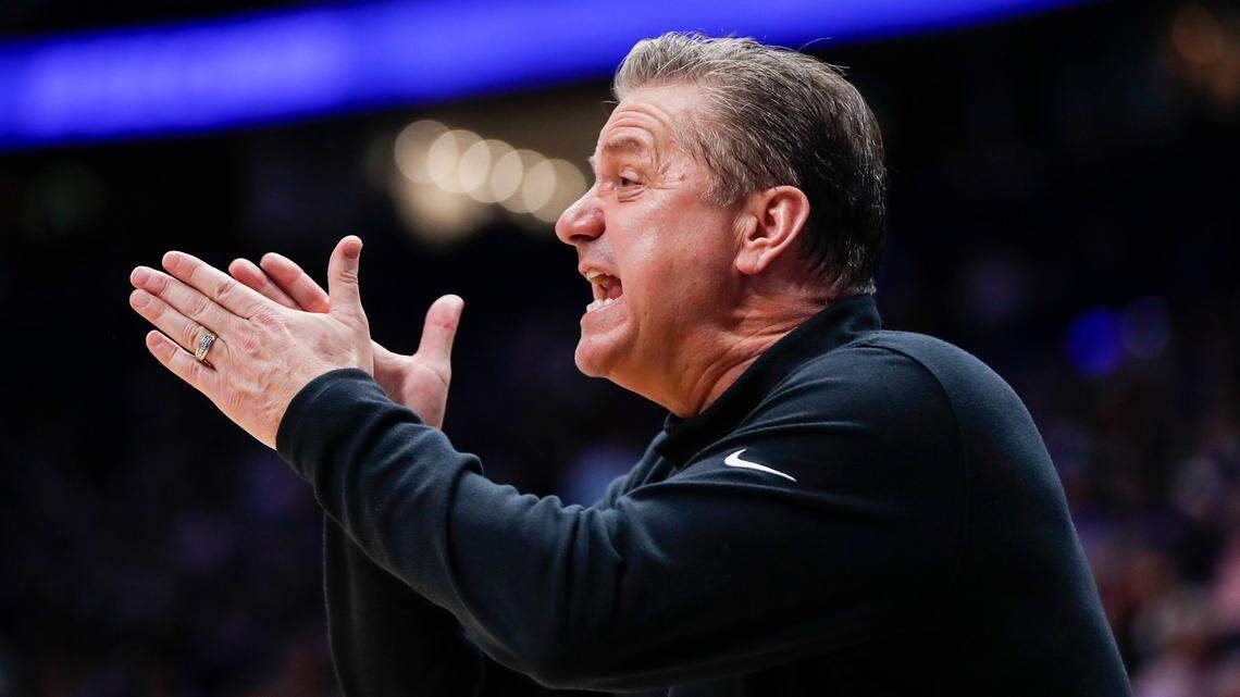 Kentucky Wildcats head coach John Calipari calls to UK players during the SEC Tournament quarterfinal game against the Vanderbilt Commodores at Bridgestone Arena in Nashville, Tn., Friday, March 10, 2023.