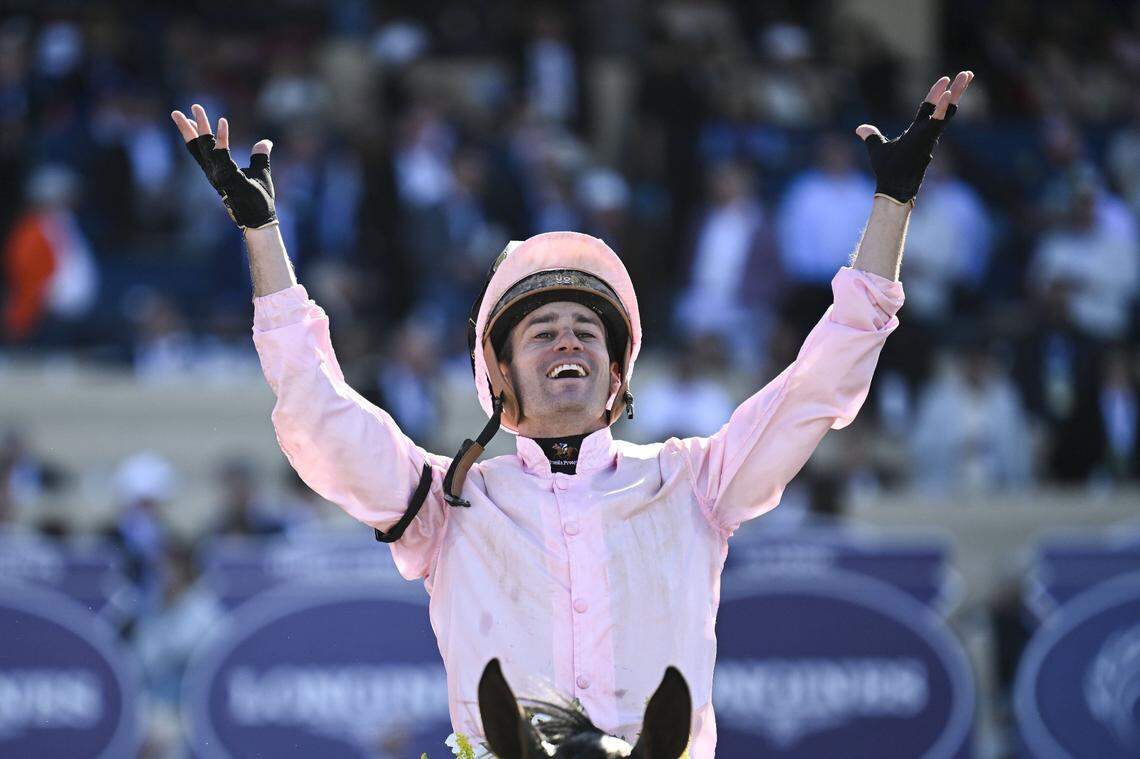 Flavien Prat celebrates after winning the the 2024 Breeder’s Cup Classic aboard Seirra Leone. Prat will ride Baeza in the 2025 Kentucky Derby.