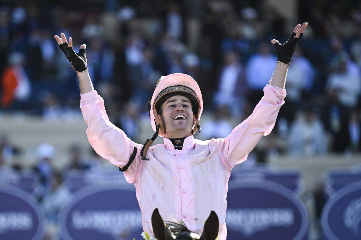 Flavien Prat celebrates after winning the the Breeders’ Cup Classic aboard Sierra Leone.