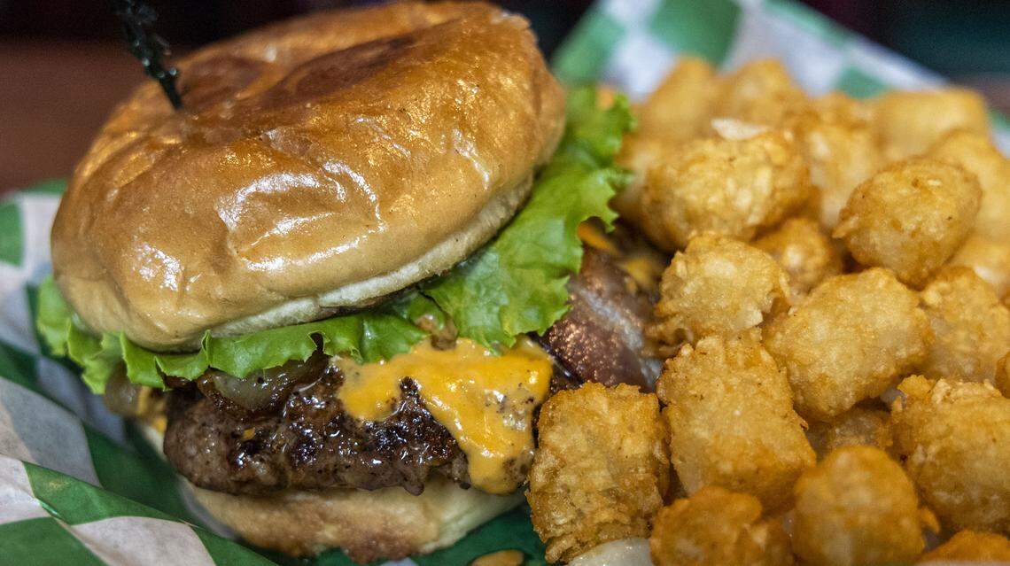 The Roethlisberger ($18) with tots. The blackened patty is the other 10-ounce burger served at Shamrock’s. It’s topped with homemade Guinness beer cheese and bacon and named for former Pittsburgh Steelers quarterback Ben Roethlisberger.