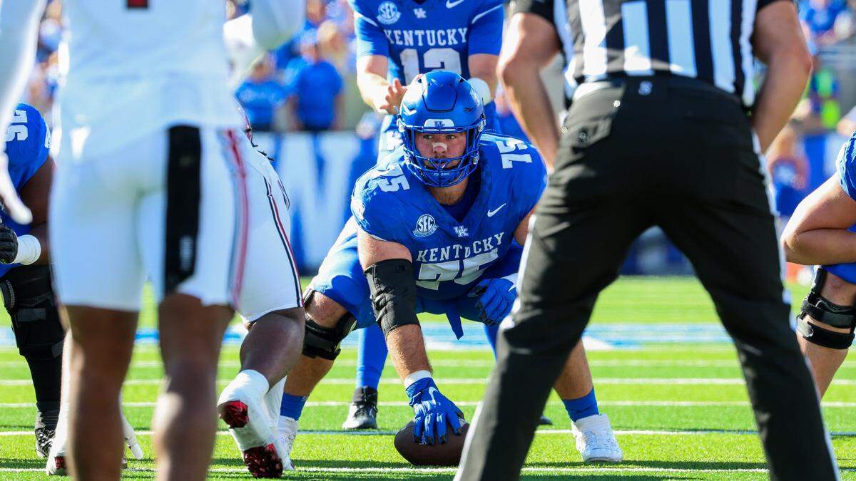 Kentucky super-senior center Eli Cox (75), who has been a part of the UK football program for six seasons, will play his final game at Kroger Field on Saturday when the Wildcats battle Louisville for the Governor’s Cup.