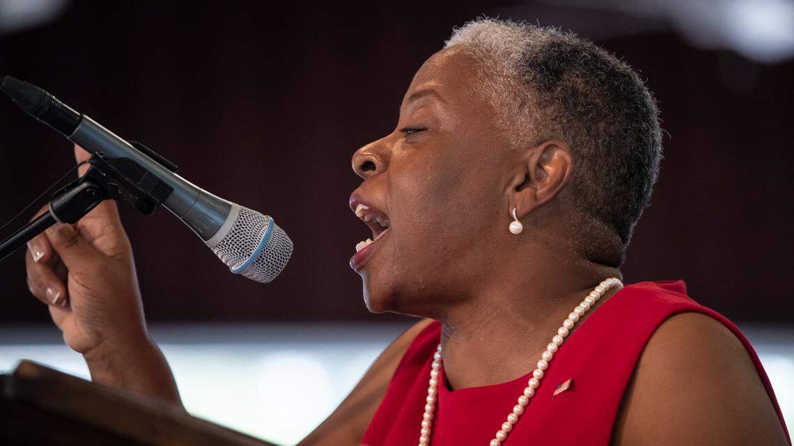 Kentucky State Rep. Pamela Stevenson, D-Louisville, speaks during the Fancy Farm picnic in Fancy Farm, Ky., on Saturday, Aug. 5, 2023.