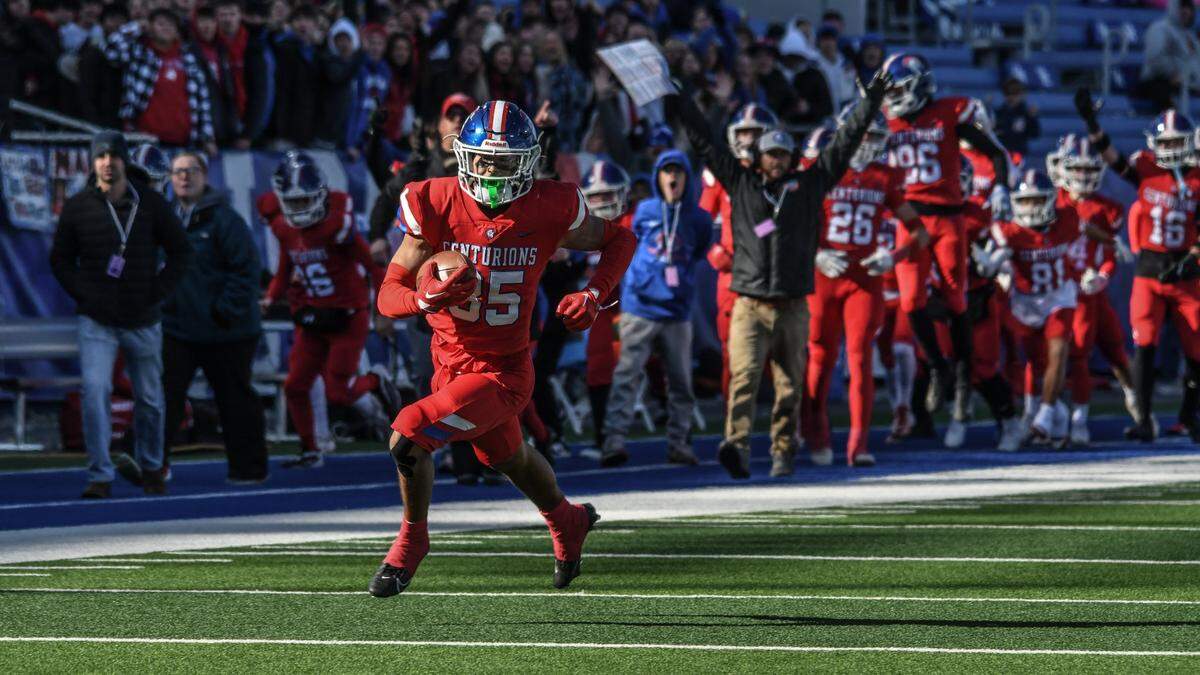 Christian Academy of Louisville wide receiver Trey Cotton sprints down the field to score on a 70-yard touchdown pass from Connor Hodge during the Centurions’ 42-21 win over Union County in Saturday’s Class 3A state championship game at Kroger Field in Lexington.
