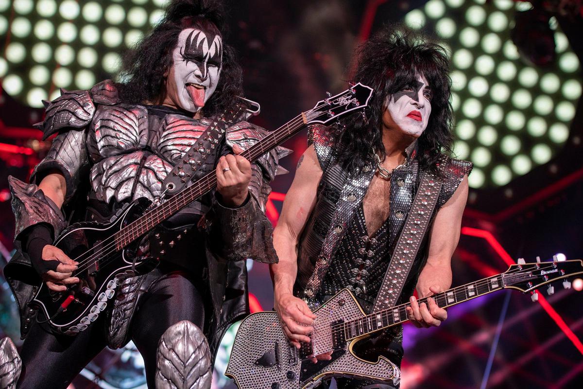 Gene Simmons, left, and Paul Stanley play during Kiss’ Thursday night Rupp Arena concert. The two are original members of the group.