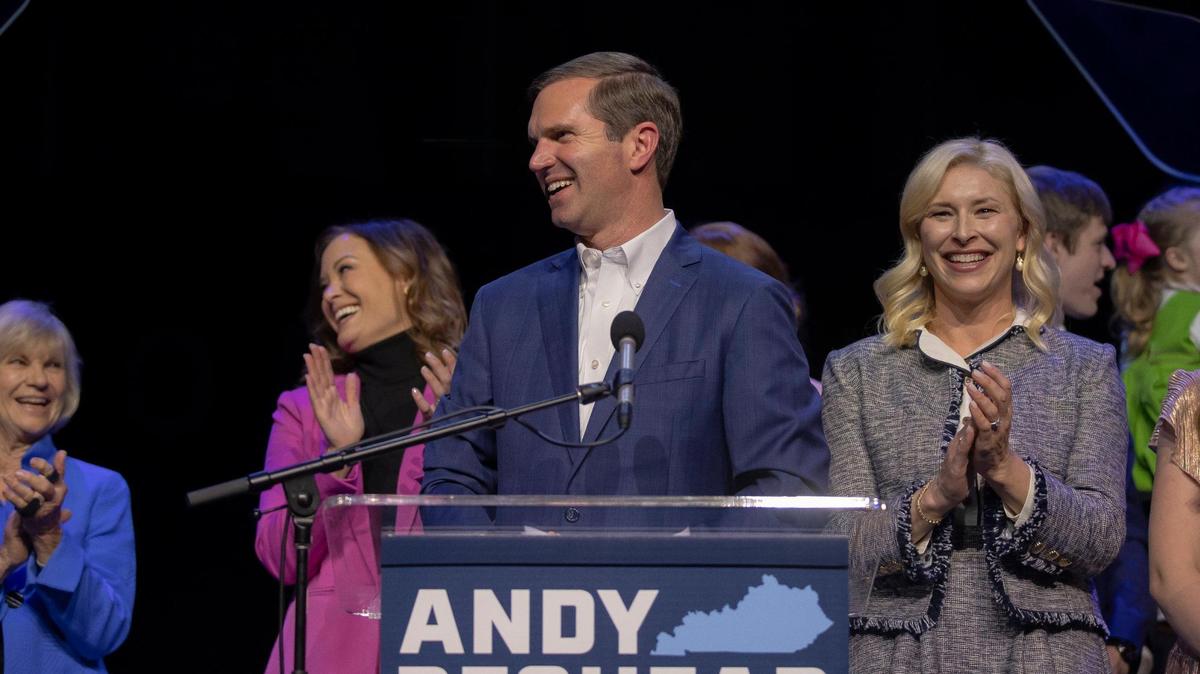 Kentucky Gov. Andy Beshear speaks during a watch party at Old Forester’s Paristown Hall in Louisville, Ky., after it was announced he won re-election on Tuesday, Nov. 7, 2023.