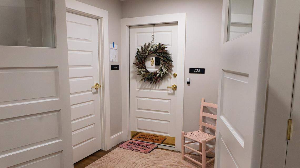 The cozy front door entrance of a resident at The Oaks at Woodland, an affordable senior apartment complex set to open on the grounds of the Woodland Christian Church on East High Street on March 26, 2026, in Lexington, Ky.