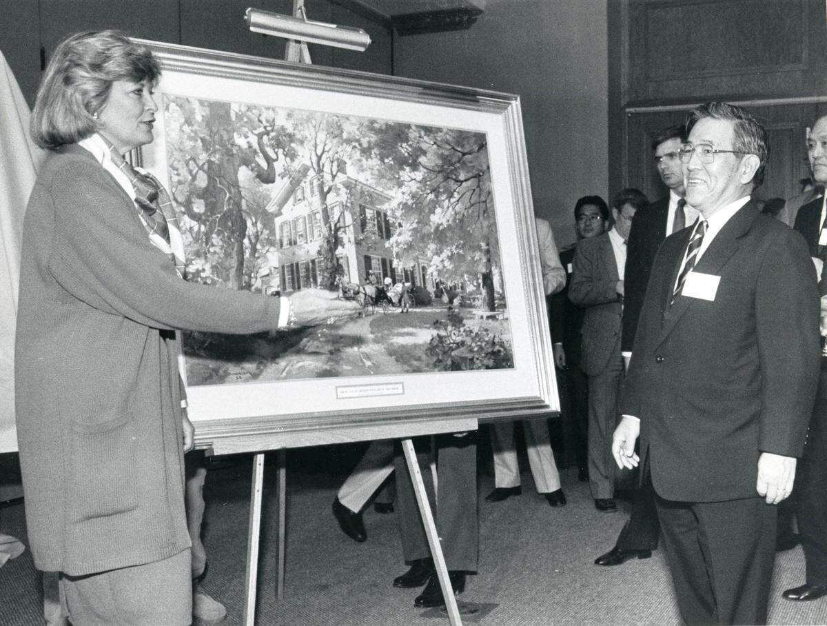 Governor Martha Layne Collins presented a print of My Old Kentucky Home to Dr. Shoichiro Toyoda, president of Toyota May 5, 1986. Photo by David Perry | Staff