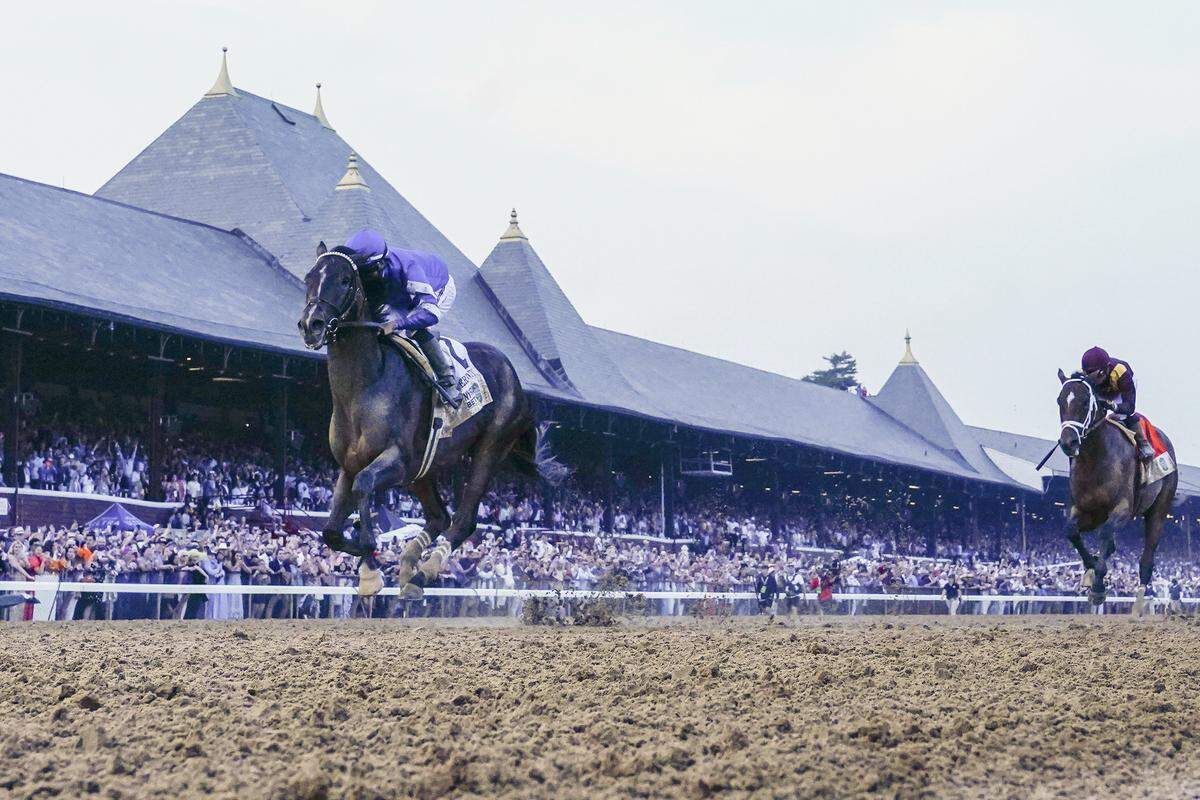 Jun 7, 2025; Saratoga, NY, USA;  Sovereignty with Junior Alvarado up wins the Belmont Stakes at Saratoga Race Course. Mandatory Credit: Gregory Fisher-Imagn Images