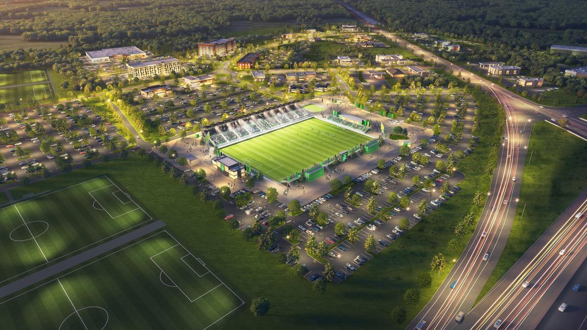 A rendering of the area surrounding the planned Lexington Sporting Club stadium off Athens Boonesboro Road near Interstate 75. LSC officials have said the club will begin playing at the stadium in August.