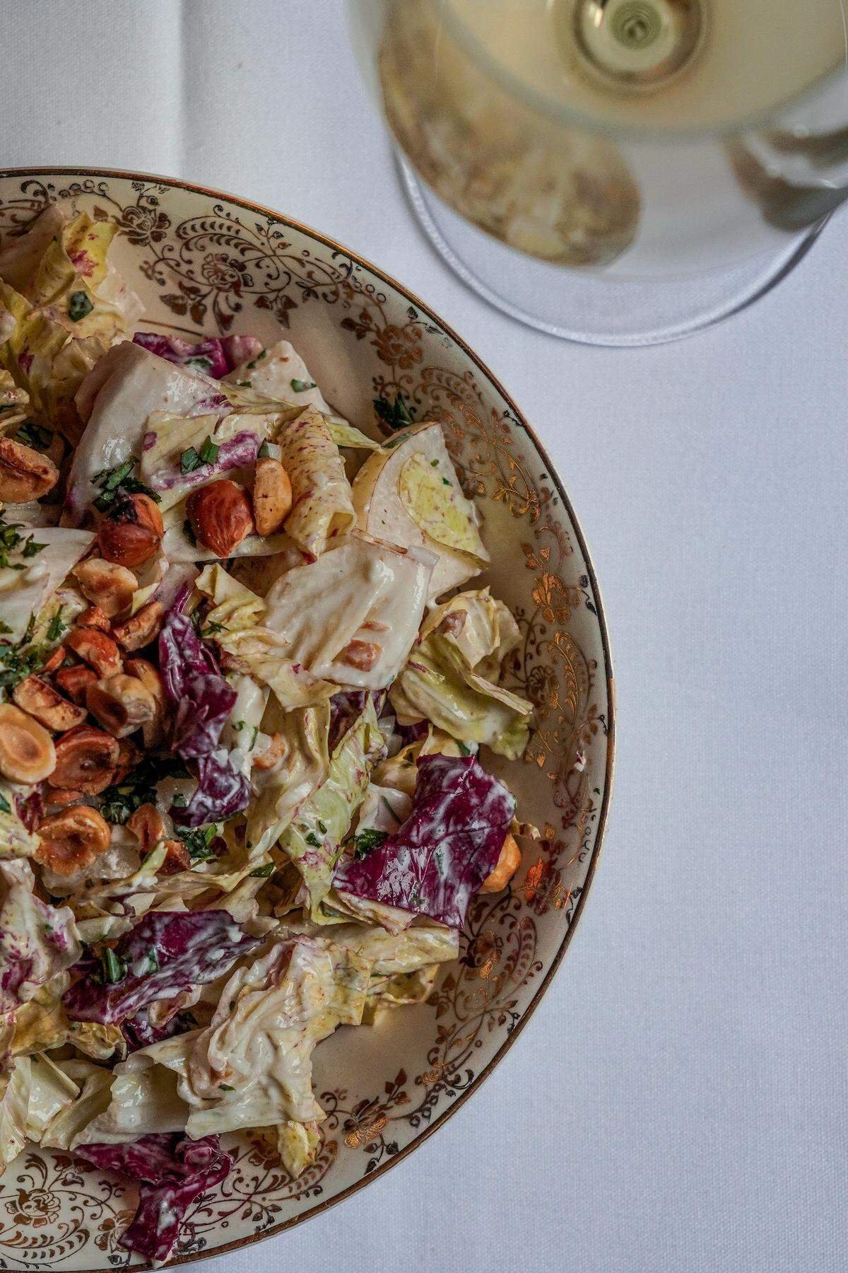 The Radicchio Salad with Point Reyes Blue Cheese,hazelnuts, pears and tarragon ($14) at Silk’s Steakhouse located inside The Aldenberg Hotel in Versailles, Ky.
