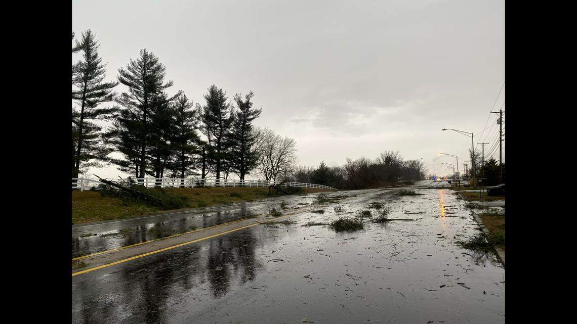 A severe thunderstorm left debris scattered across roads in Richmond, Ky. on Jan. 12, 2023.