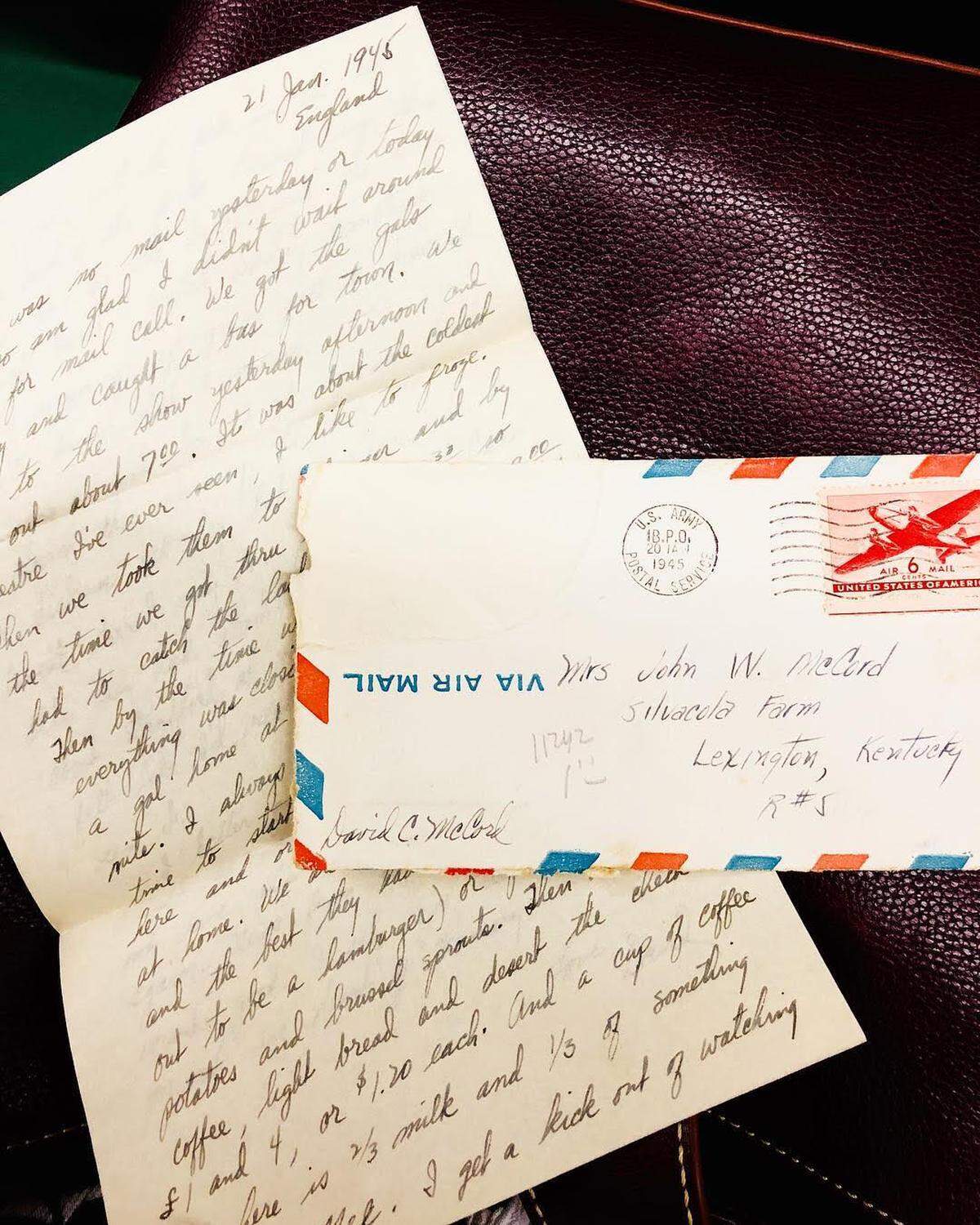 Jenny Schiano DiCola, of Martinsburg, W.Va., bought a letter written by Lt. David McCord at the Lexington Peddlers Mall. She recently returned it to McCord’s brother, Bill McCord of Lexington. David McCord died in 1945 shortly after the letter was written.