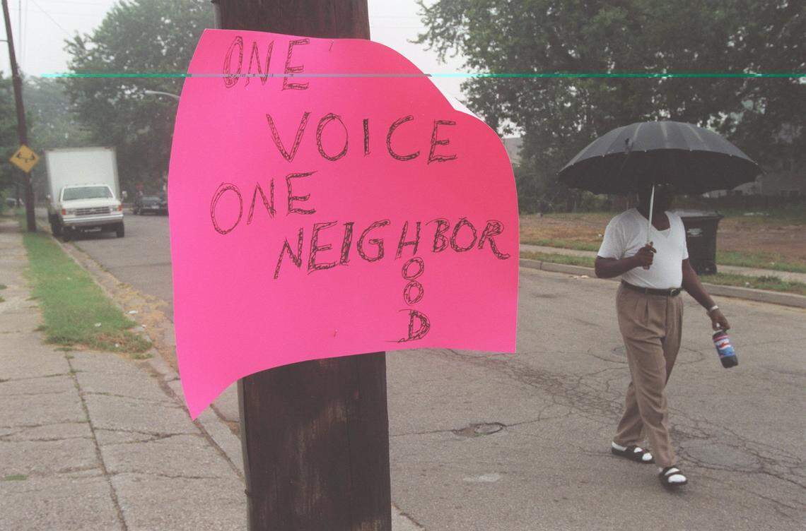 Members of a Pralltown neighborhood association held a rally on 8/29/98 and a discussion with panel members from Lexington, Ky., city leaders to try to protect further development of their neighborhood. The area, just off South Limestone near the UK campus, is the oldest black community in Lexington, and is a target for developers wanting to build apartment complexes aimed at UK students.