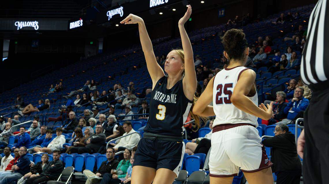 Notre Dame's Kylee Wagner sinks the three-point shot during the 2026 Clark's Pump-N-Shop Girls' Basketball Sweet 16 state tournament first-round game between Pikeville and Notre Dame at Rupp Arena on March 11, 2026, in Lexington, Kentucky.