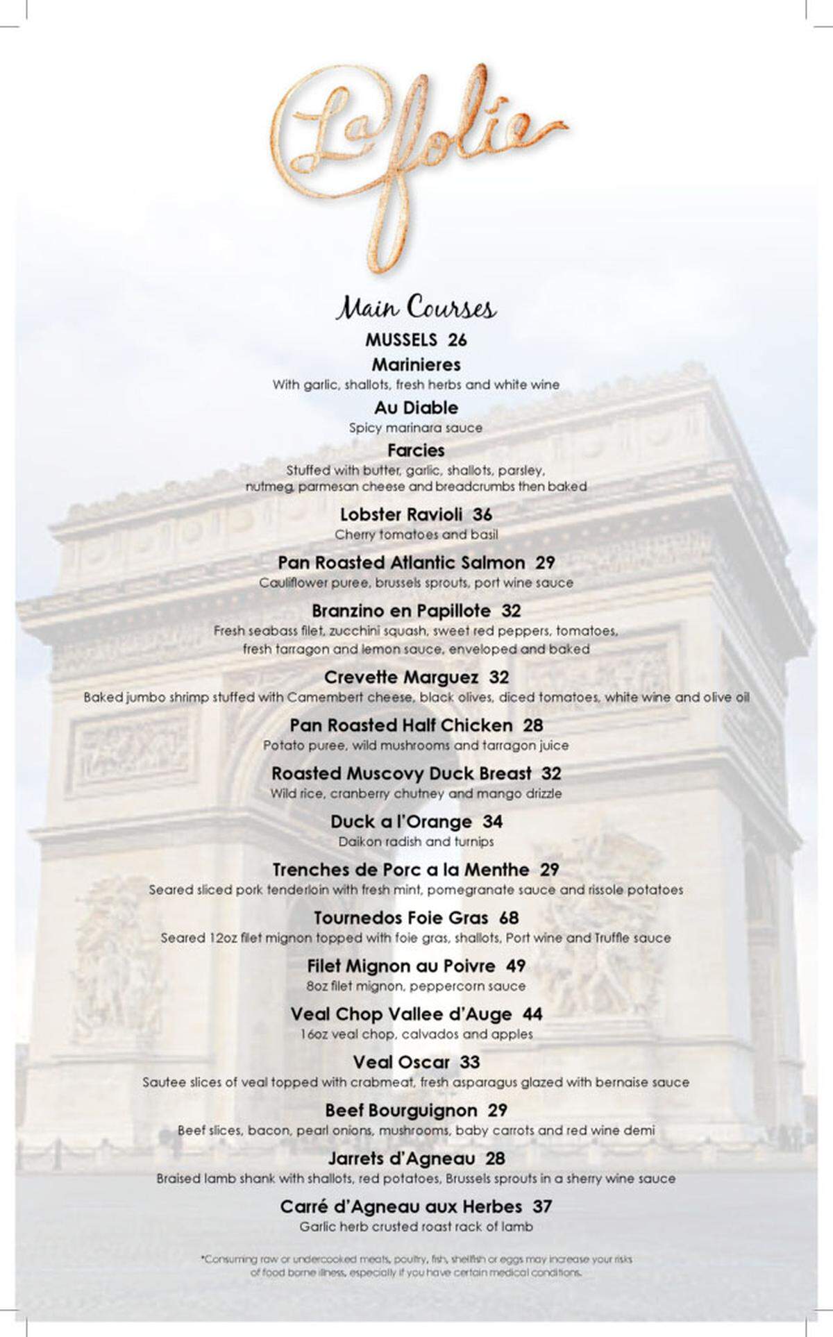 The dinner menu for the French restaurant La Folie.