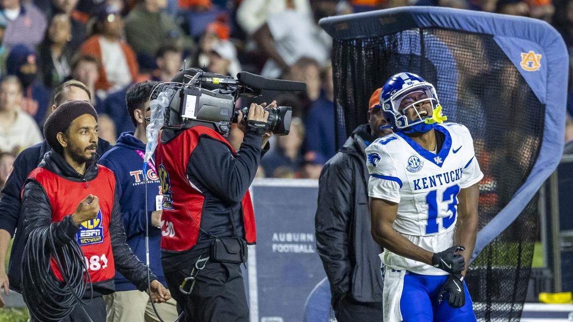 Former Franklin County High School star Fred Farrier II (13) caught a touchdown for Kentucky in last week’s 45-17 loss at Vanderbilt. It was the first TD for Farrier, a transfer from UAB, in a Wildcats uniform.