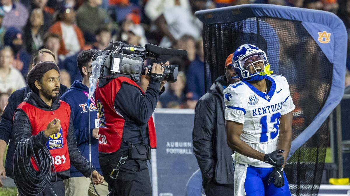 Former Franklin County High School star Fred Farrier II (13) caught a touchdown for Kentucky in last week’s 45-17 loss at Vanderbilt. It was the first TD for Farrier, a transfer from UAB, in a Wildcats uniform.