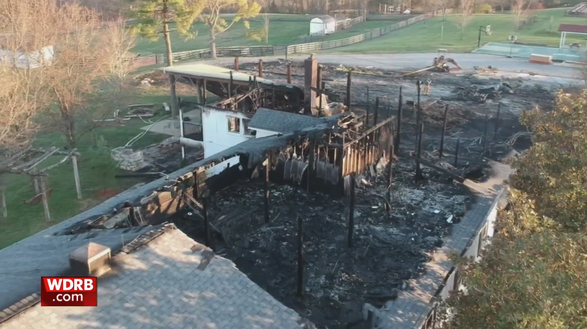 A WDRB screengrab shows a fire that destroyed a barn at a children’s camp owned by Jennifer Lawrence’s family.