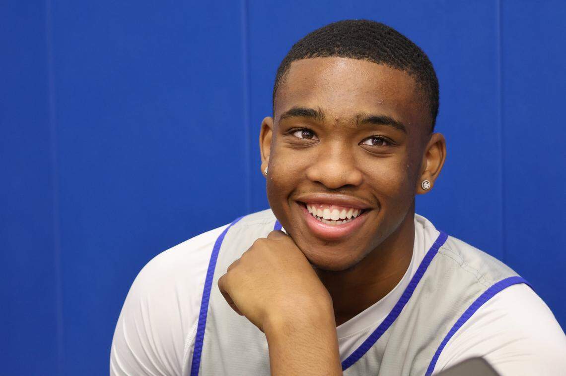 UK forward Brandon Garrison talks with reporters at the team’s media day in October. Garrison was a McDonald’s All-American in the class of 2023.