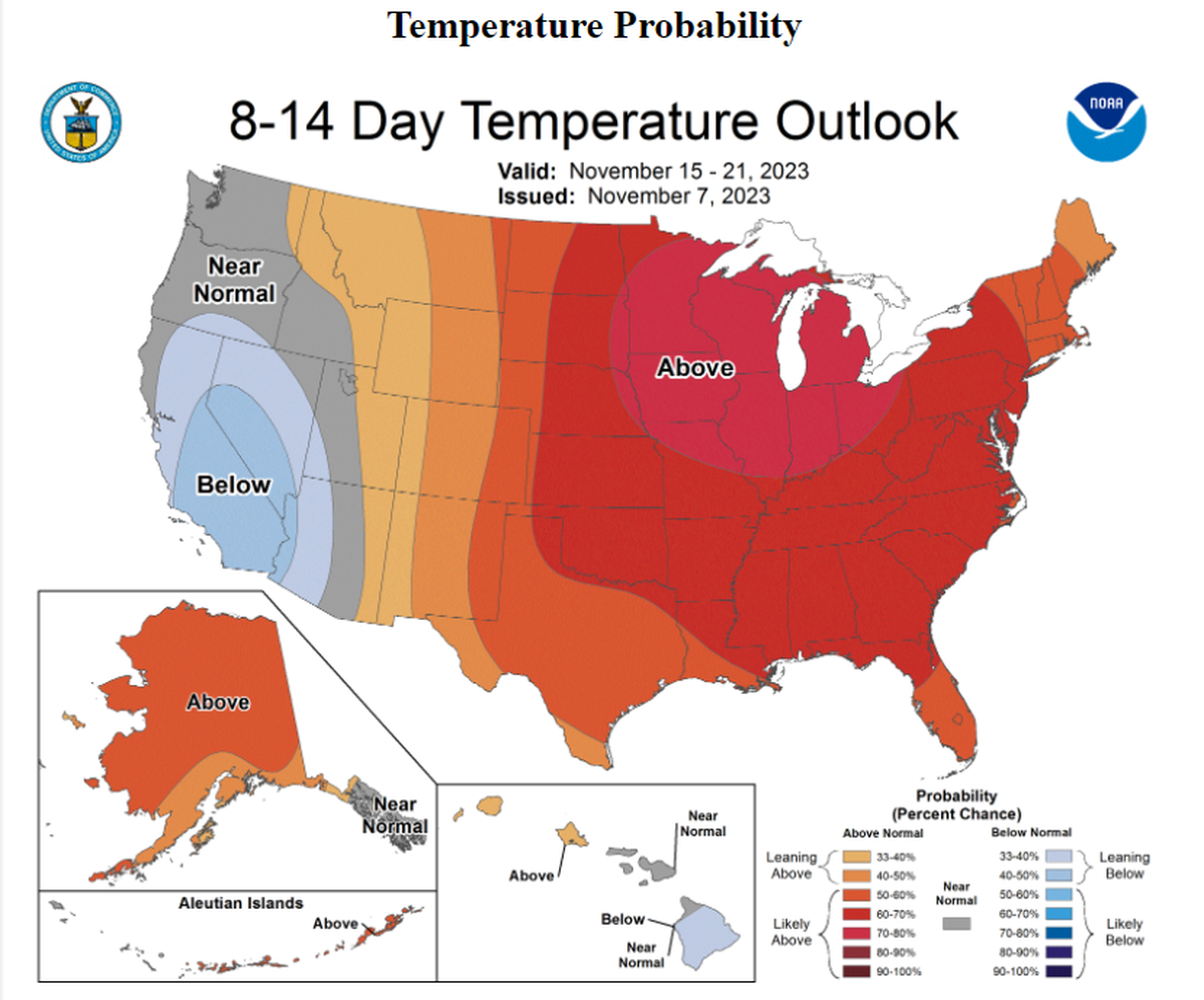 A screen capture of a Climate Prediction Center temperature outlook for the next eight to 14 days, valid Nov. 15-21, 2023.