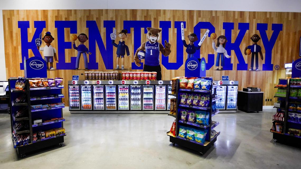 A new Kroger Corner grab-and-go snack shop with self checkout kiosks within Rupp Arena.