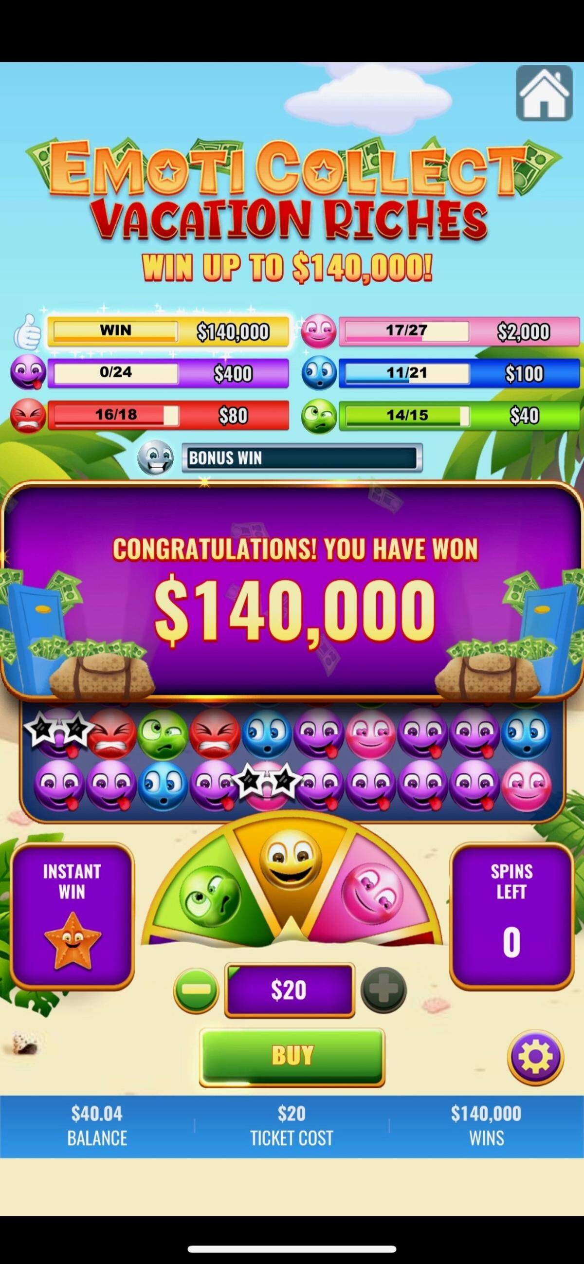 A Union, Ky., woman won a $140,000 top prize playing the Kentucky Lottery’s Instant Play Emoti Collect Vacation Riches, seen above.
