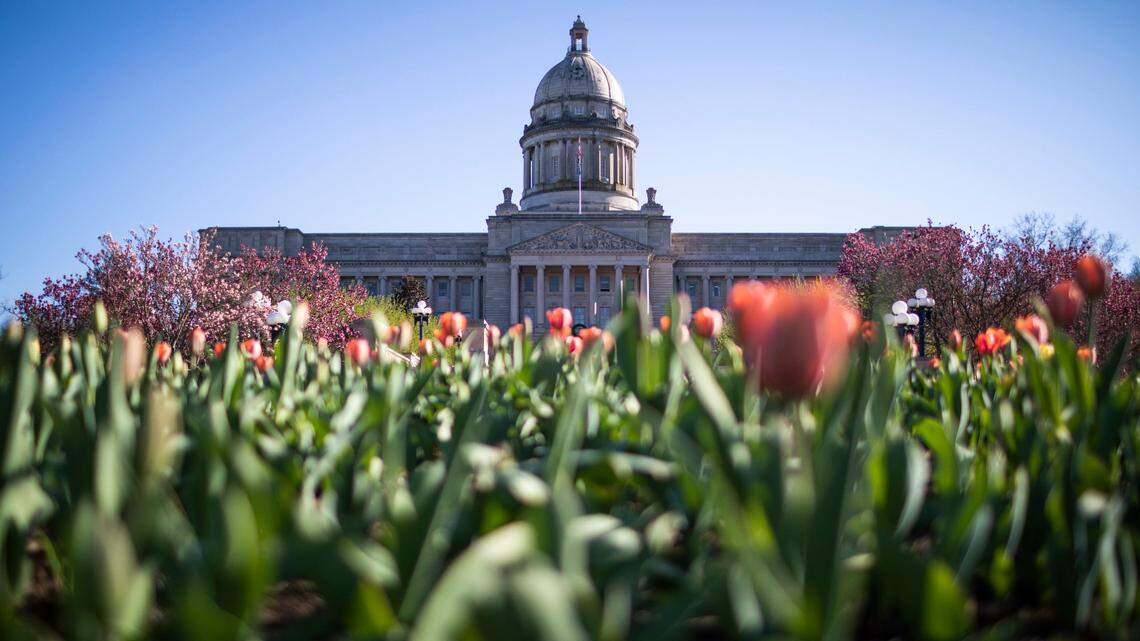 Flowers bloom on the Capitol grounds while the Senate and House meet during the next to last day of the legislative session in Frankfort, Ky., Monday, March 29, 2021.